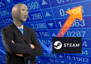 An image of the &quot;Stonks&quot; meme with the Steam logo overlayed onto it. The meme depicts a man in a suit with numbers trending upwards.