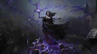 Keyart of Path of Exile 2's Witch, wreathed in dark magic and drawing power from an array of skulls.