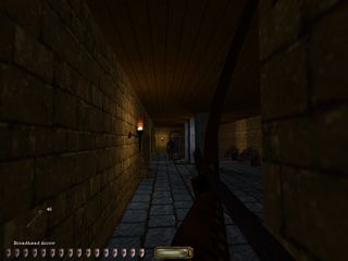 A first person view in Thief with the character aiming a bow down a corridor